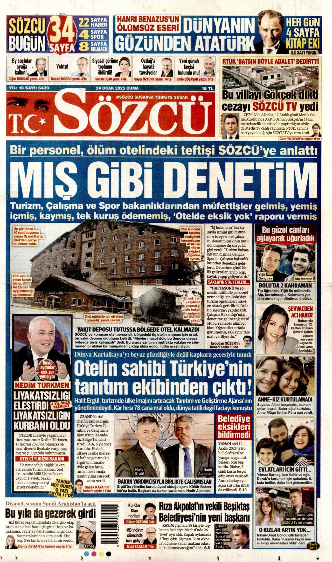 Grand çakal! 78 cana mezar olan Grand Kartal Otel faciası gazete manşetlerinde... İşte 24 Ocak Cuma gazete manşetleri... 11