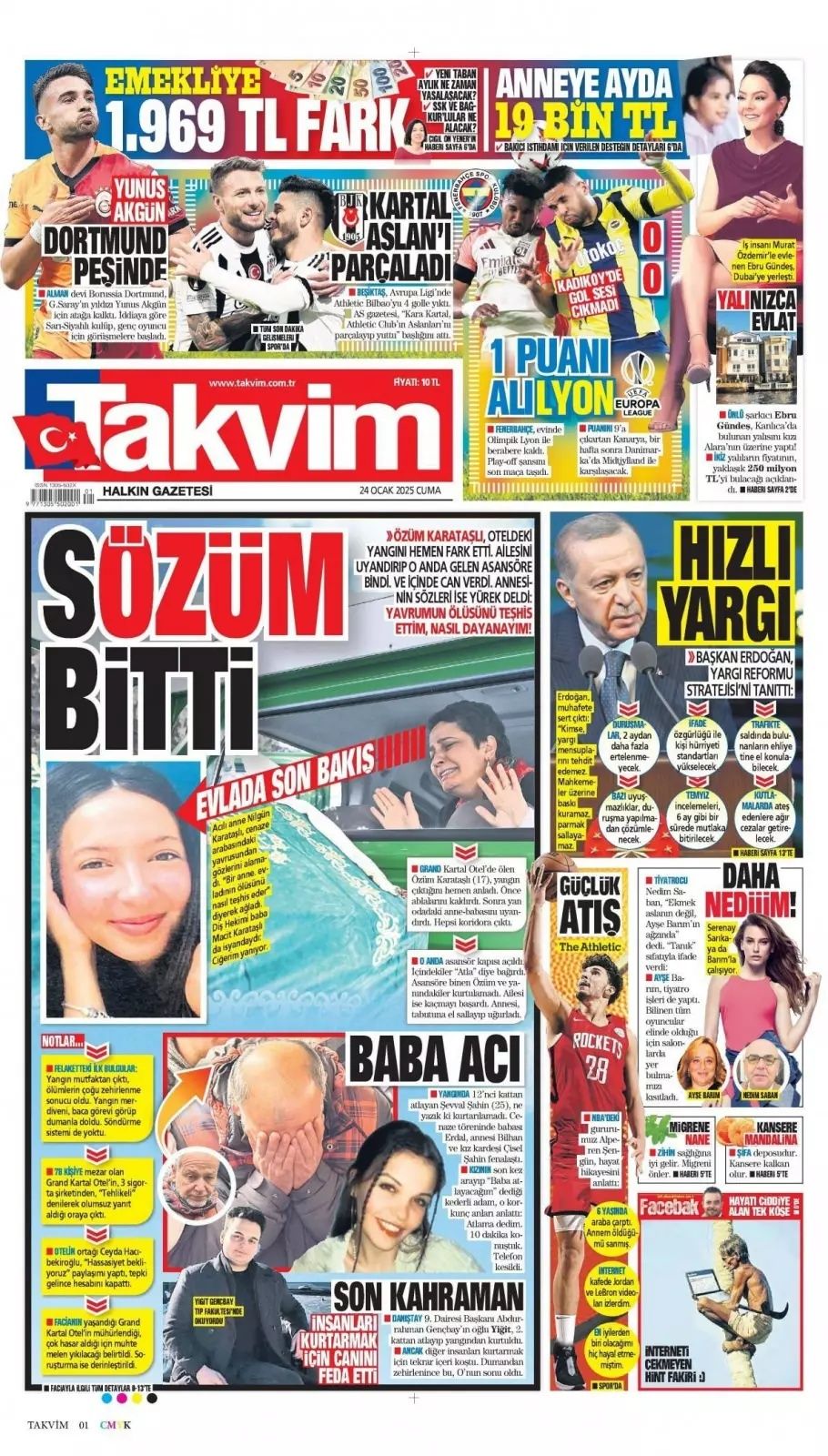 Grand çakal! 78 cana mezar olan Grand Kartal Otel faciası gazete manşetlerinde... İşte 24 Ocak Cuma gazete manşetleri... 5