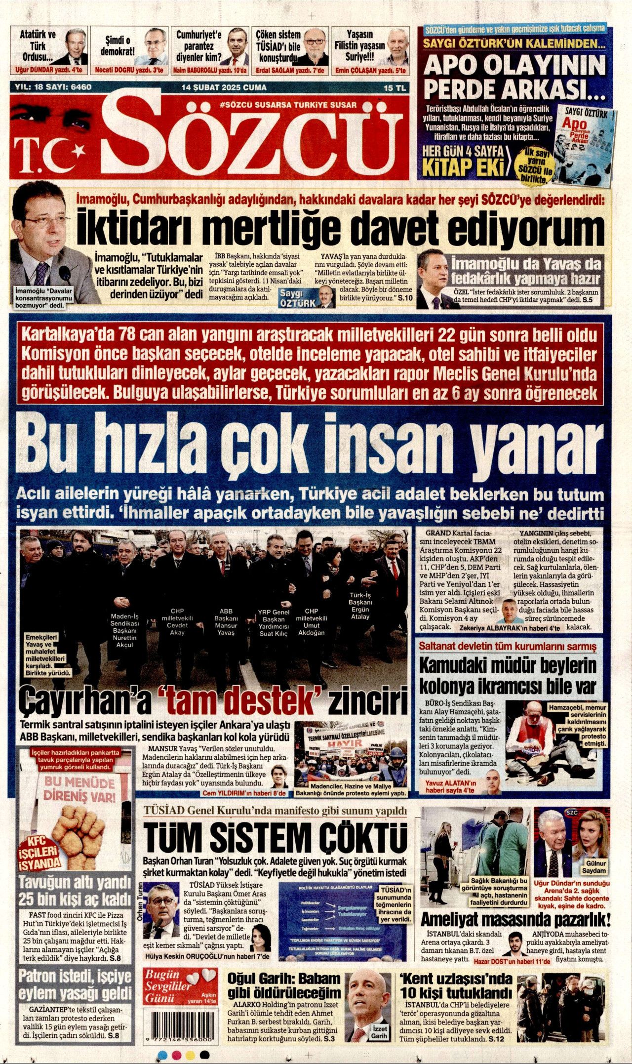 Patronlar Kulübü'nün eski Türkiye özlemi hortladı! 14 Şubat Cuma Hürriyet, Milliyet, Sabah, Takvim, Cumhuriyet, Sözcü gazete manşetleri... 8