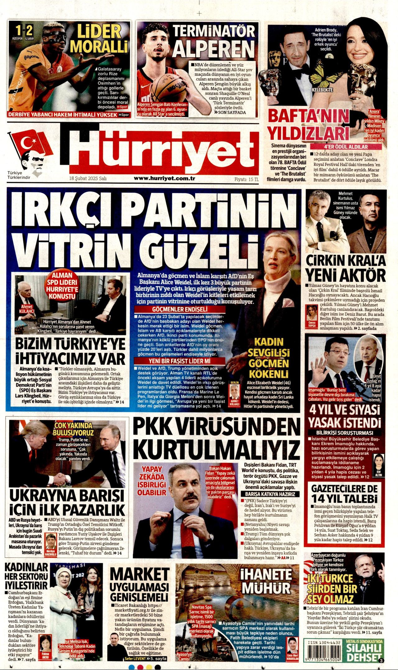Irkçı partinin vitrin güzeli! Kadın sevgilisi göçmen kökenli... İşte bugünün gazete manşetleri: Hürriyet, Milliyet, Sabah, Takvim, Sözcü, Cumhuriyet 1