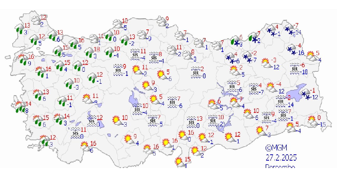 27 Şubat 2025 Perşembe Türkiye geneli hava durumu tahmin raporu yayınlandı! Başta İstanbul, İzmir ve Ankara'da beklenen sıcaklıklar... 1