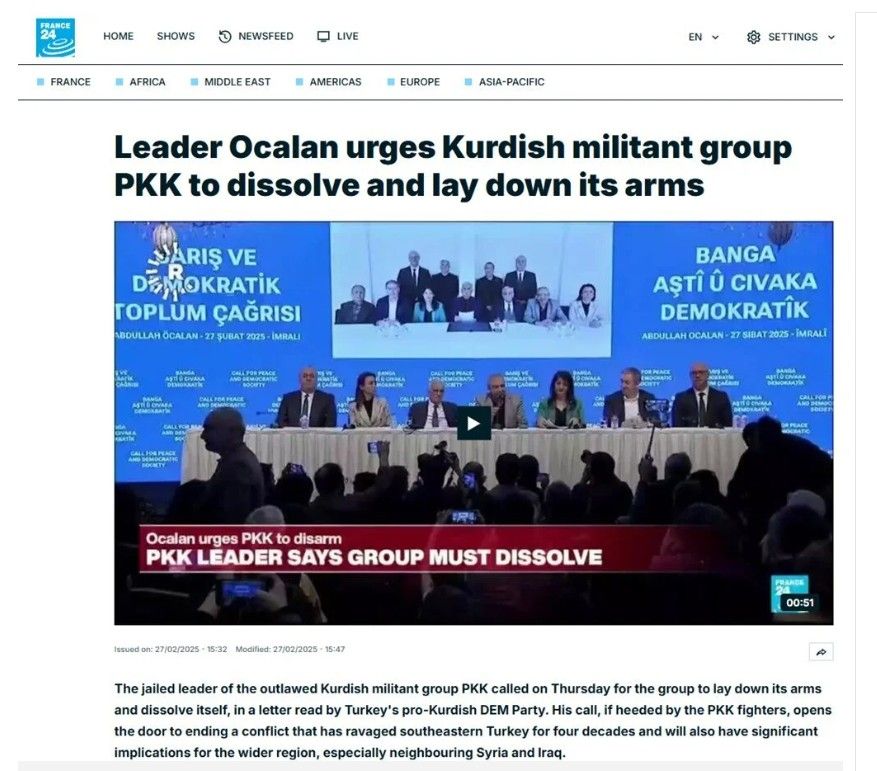 Dünya basını terör elebaşı Öcalan'ın PKK'ya silah bırakma çağrısını manşetlerine taşıdı 1