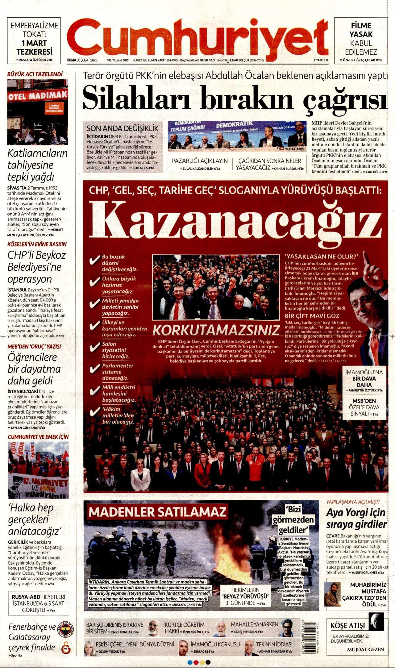 Terör örgütü elebaşı Abdullah Öcalan'ın tarihi çağrısı gazete manşetlerinde! Hangi gazete nasıl gördü? İşte bugünkü Hürriyet, Milliyet, Sabah, Takvim, Yenişafak, Cumhuriyet, Sözcü gazete manşetleri... 7