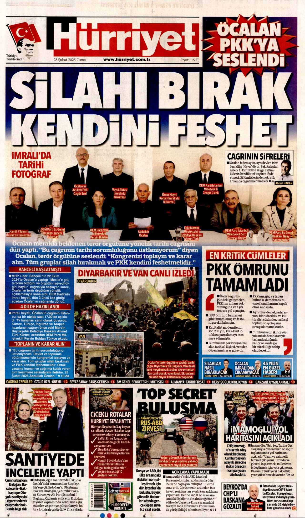 Terör örgütü elebaşı Abdullah Öcalan'ın tarihi çağrısı gazete manşetlerinde! Hangi gazete nasıl gördü? İşte bugünkü Hürriyet, Milliyet, Sabah, Takvim, Yenişafak, Cumhuriyet, Sözcü gazete manşetleri... 1