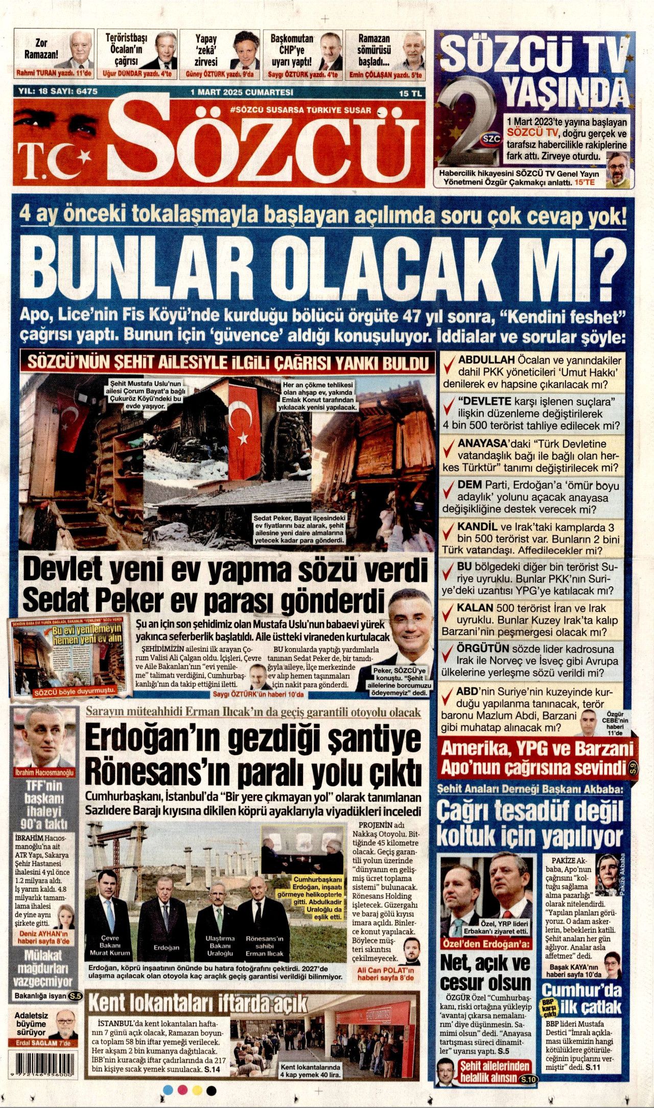 Terörsüz Türkiye'nin yol haritası belirlendi! Silahlar böyle bırakılacak... 1 Mart Cumartesi gazete manşetleri... 8