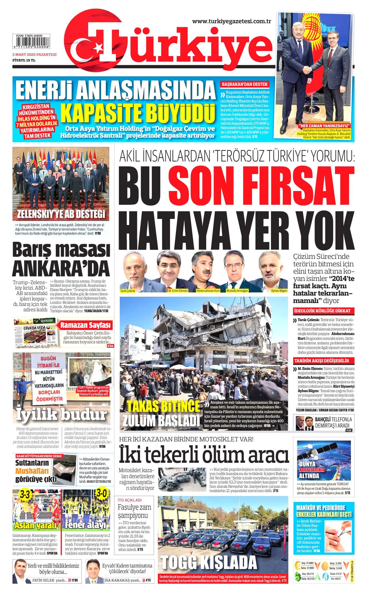 Akil insanlardan terörsüz Türkiye yorumu: Bu son fırsat! Hataya yer yok... İşte 3 Mart Pazartesi gazete manşetleri... 3