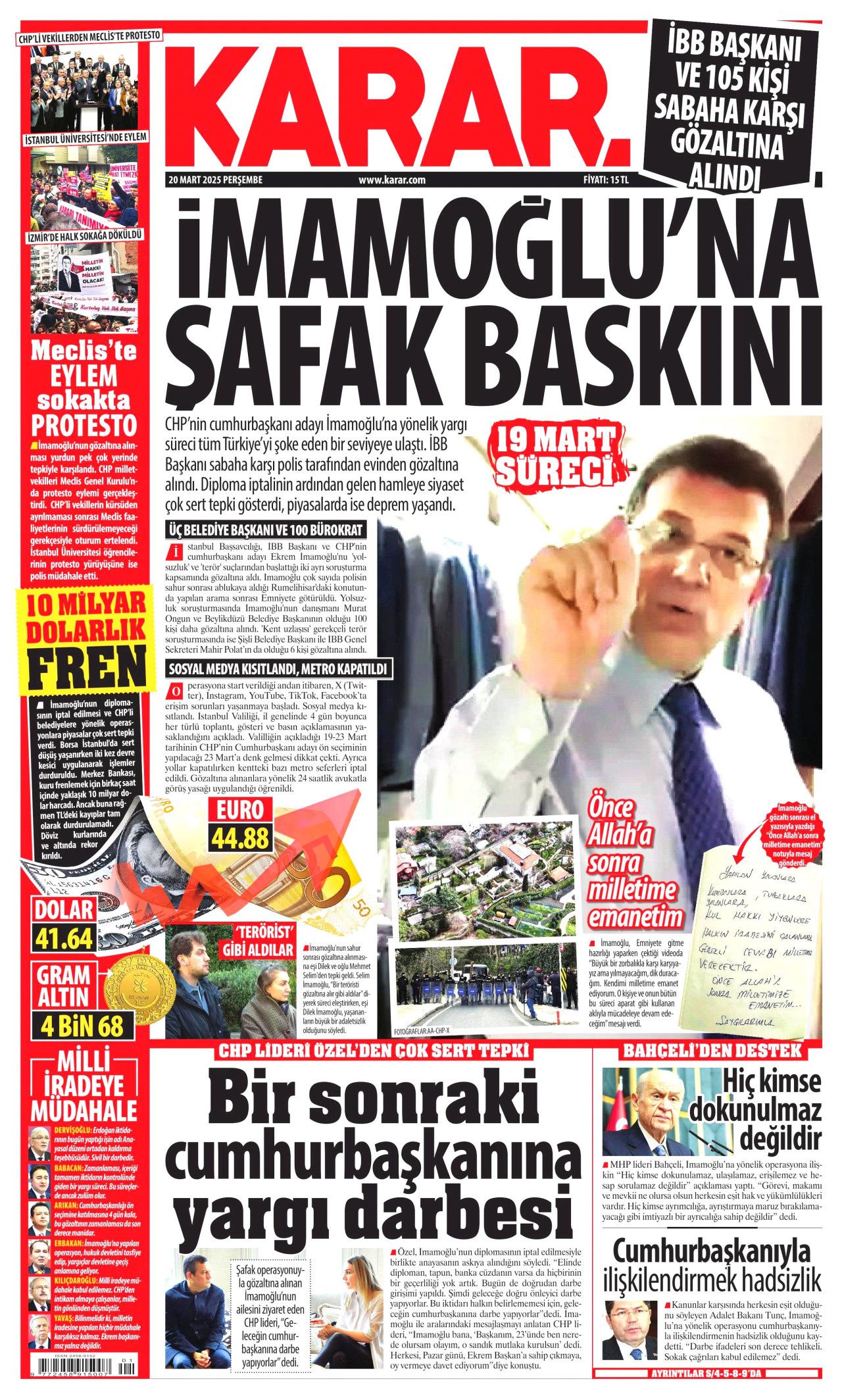 Ekrem İmamoğlu gözaltısı manşetlerde! Hangi gazete nasıl gördü? İşte 20 Mart Perşembe gazete manşetleri... 8