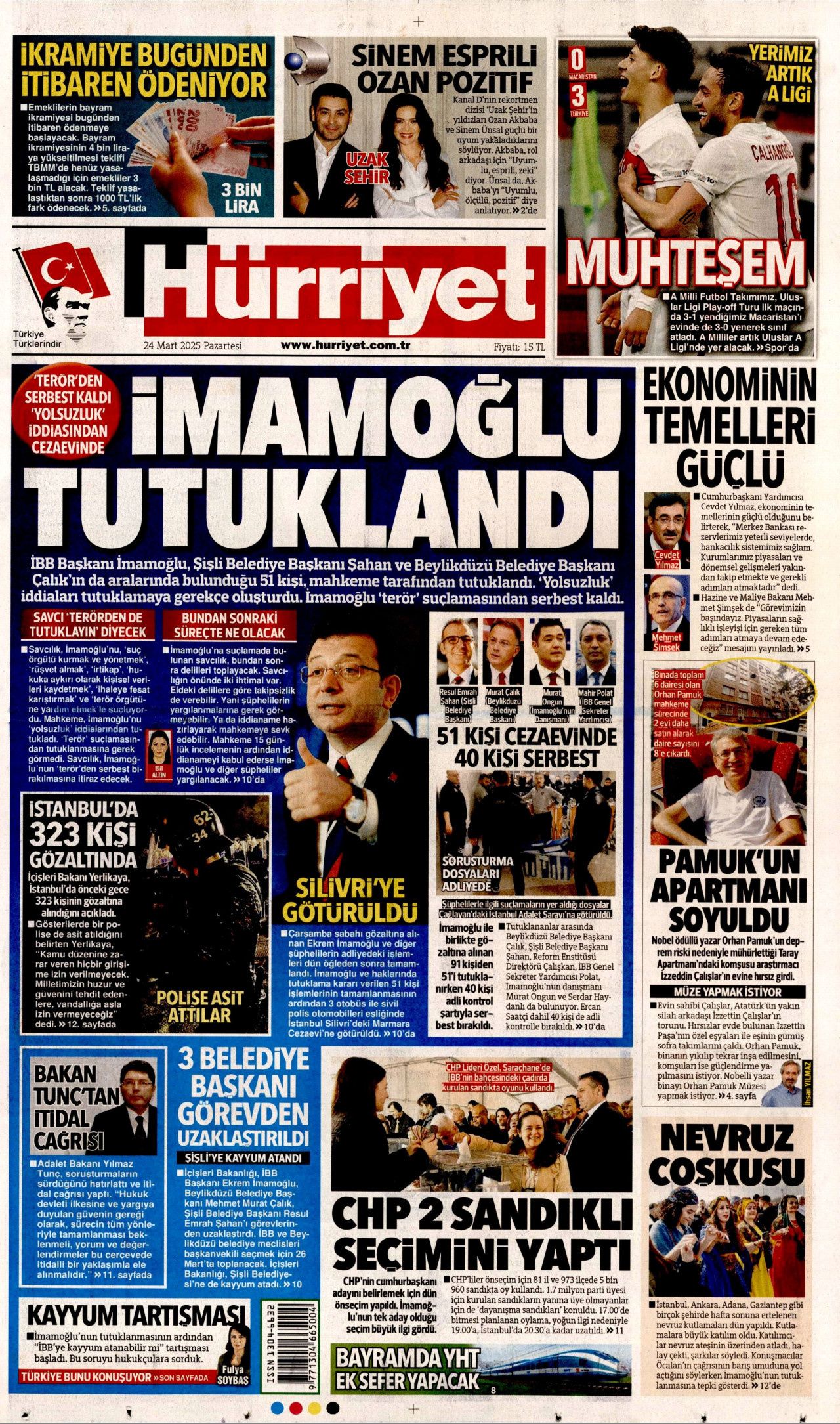Ekrem İmamoğlu'nun tutuklanması manşetlerde! Hangi gazete nasıl gördü? İşte 24 Mart Pazartesi Hürriyet, Milliyet, Sabah, Takvim, Yeni Şafak, Cumhuriyet, Sözcü, Birgün gazete manşetleri... 1