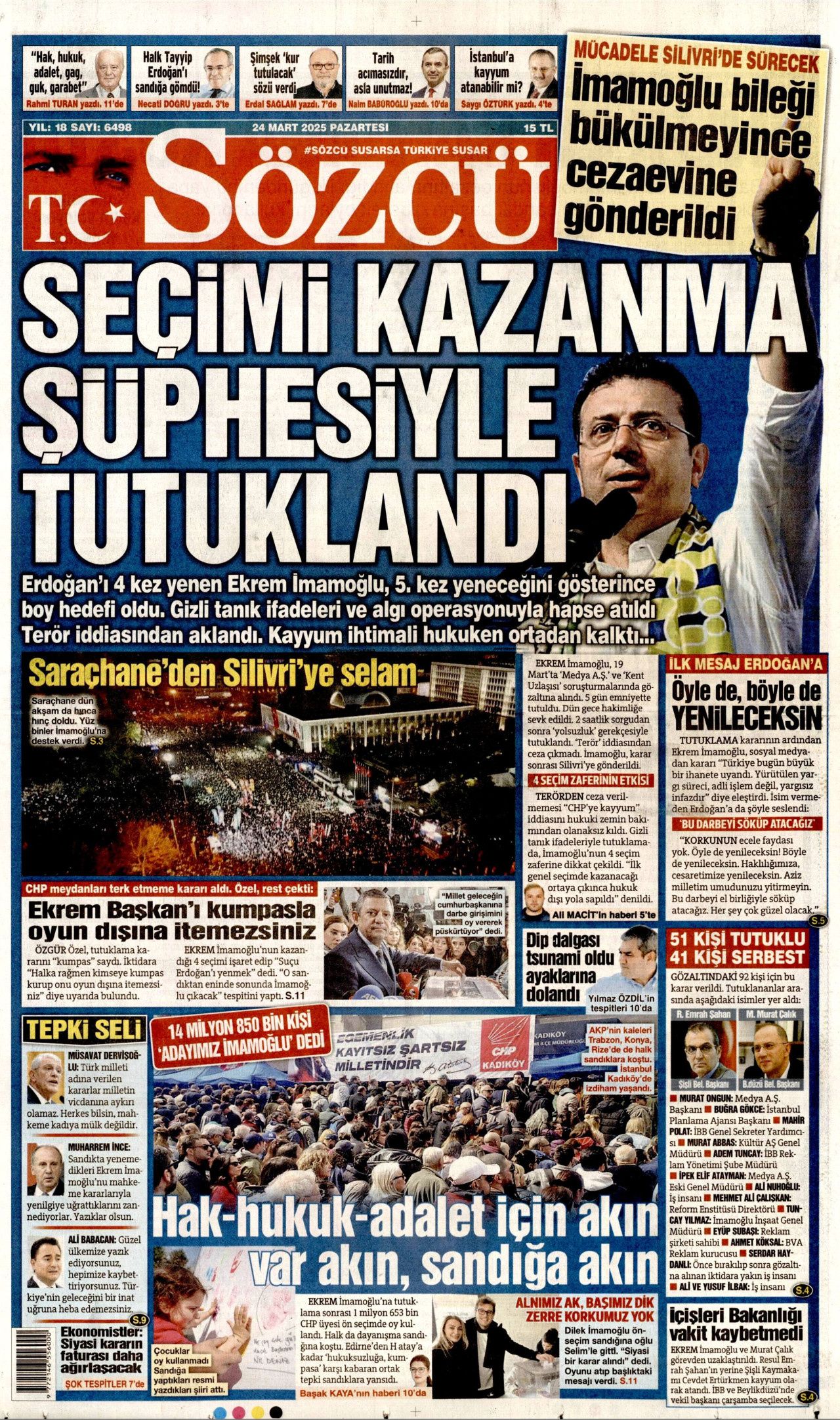 Ekrem İmamoğlu'nun tutuklanması manşetlerde! Hangi gazete nasıl gördü? İşte 24 Mart Pazartesi Hürriyet, Milliyet, Sabah, Takvim, Yeni Şafak, Cumhuriyet, Sözcü, Birgün gazete manşetleri... 3