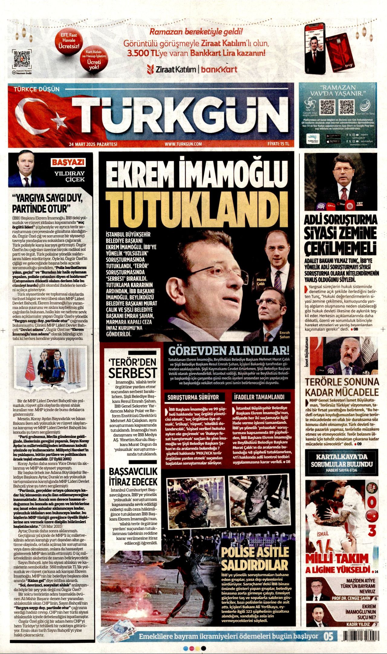 Ekrem İmamoğlu'nun tutuklanması manşetlerde! Hangi gazete nasıl gördü? İşte 24 Mart Pazartesi Hürriyet, Milliyet, Sabah, Takvim, Yeni Şafak, Cumhuriyet, Sözcü, Birgün gazete manşetleri... 13