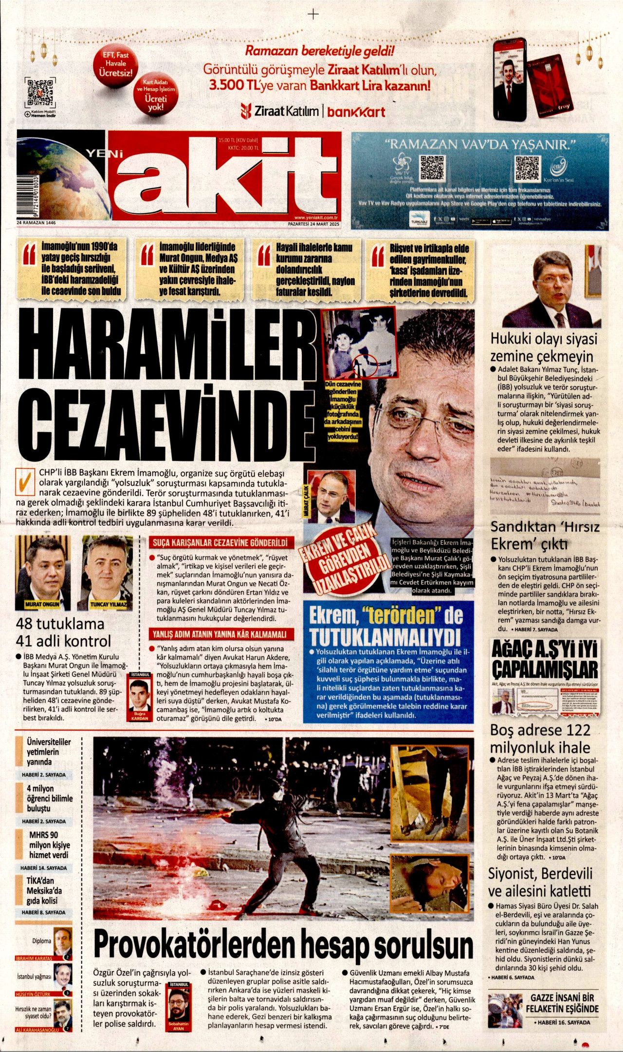 Ekrem İmamoğlu'nun tutuklanması manşetlerde! Hangi gazete nasıl gördü? İşte 24 Mart Pazartesi Hürriyet, Milliyet, Sabah, Takvim, Yeni Şafak, Cumhuriyet, Sözcü, Birgün gazete manşetleri... 14
