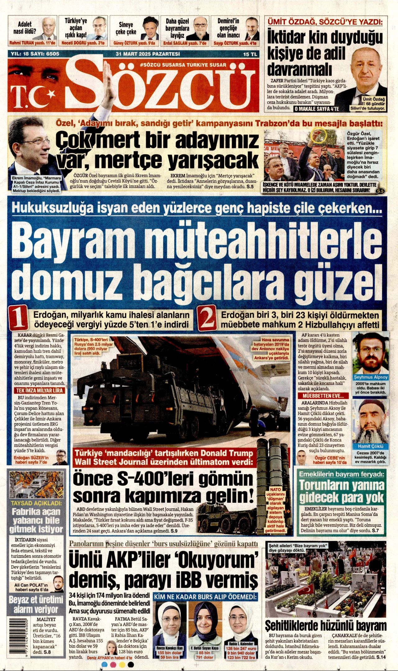 İntihar eden veznedarın eşi haykırdı! "Ahımız tuttu! Eşimin intiharından İmamoğlu sorumlu" 31 Mart Pazartesi gazete manşetleri 5