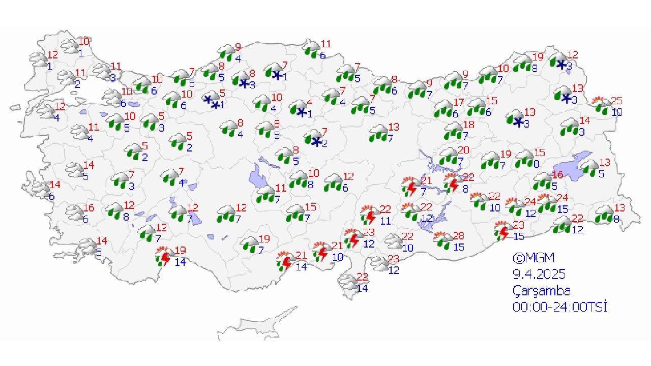9 Nisan Çarşamba Türkiye genelinde yağış bekleniyor: Bazı bölgeler için kuvvetli yağış ve toz taşınımı uyarısı yapıldı... 1