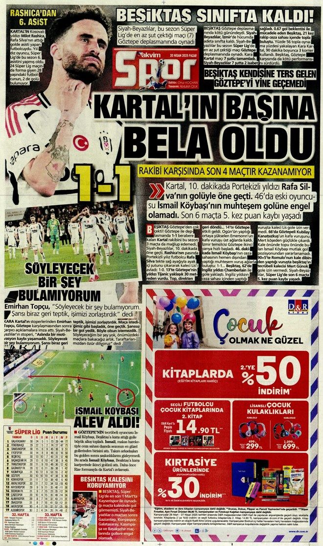 Kartal'ın 'Göz'ünde ışık yok! İşte Göztepe - Beşiktaş maçı sonrası spor gazetelerinin manşetleri 11