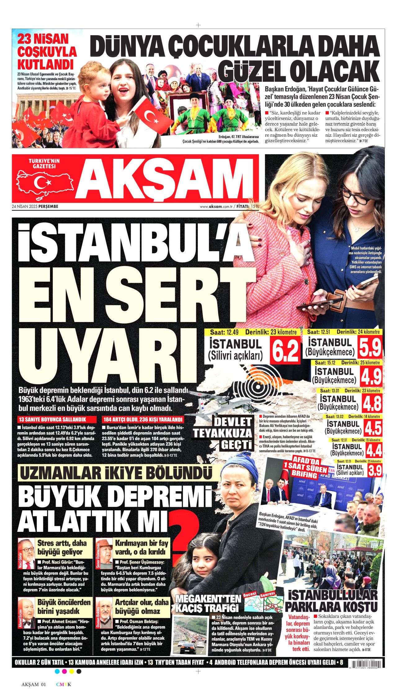 İstanbul'da paniğe yol açan 6.2'lik deprem gazete manşetlerinde! Bu deprem o deprem mi? Uzmanlar bölündü... 13