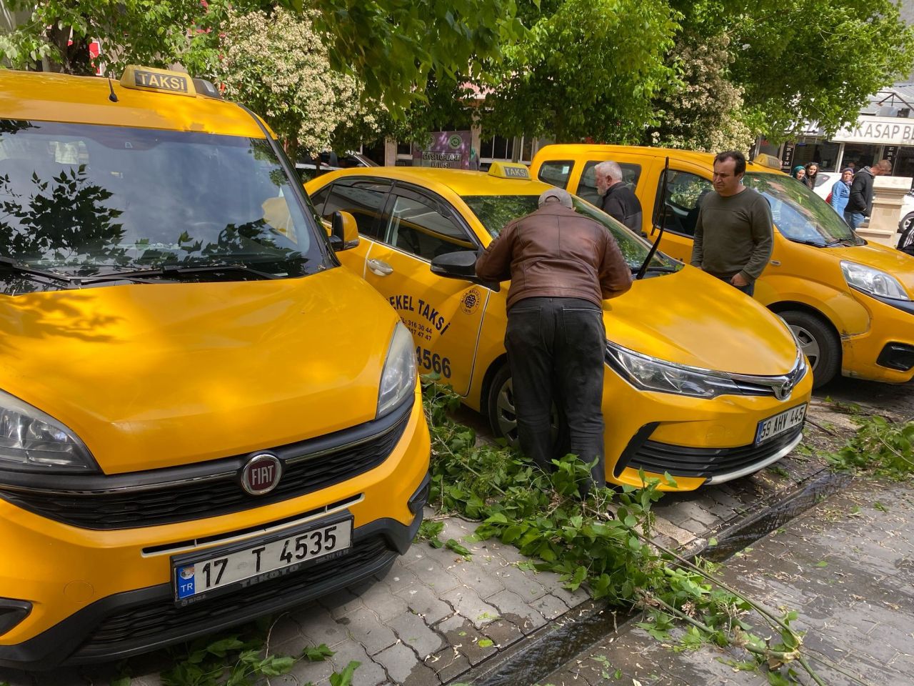 Çanakkale’de fırtına paniği! Kırılan ağaç dalı taksilere zarar verdi 2