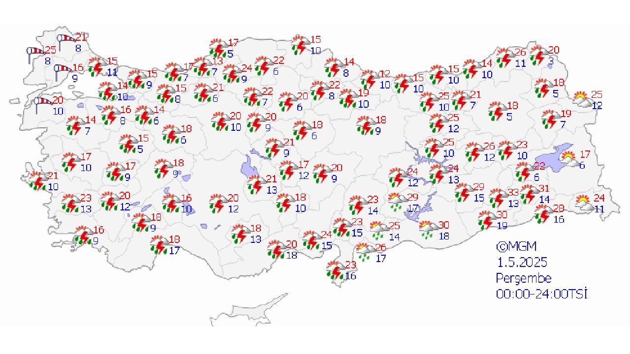 Meteorolojiden uyarı: 1 Mayıs 2025 Çarşamba günü ülke genelinde sağanak ve fırtına bekleniyor! 1