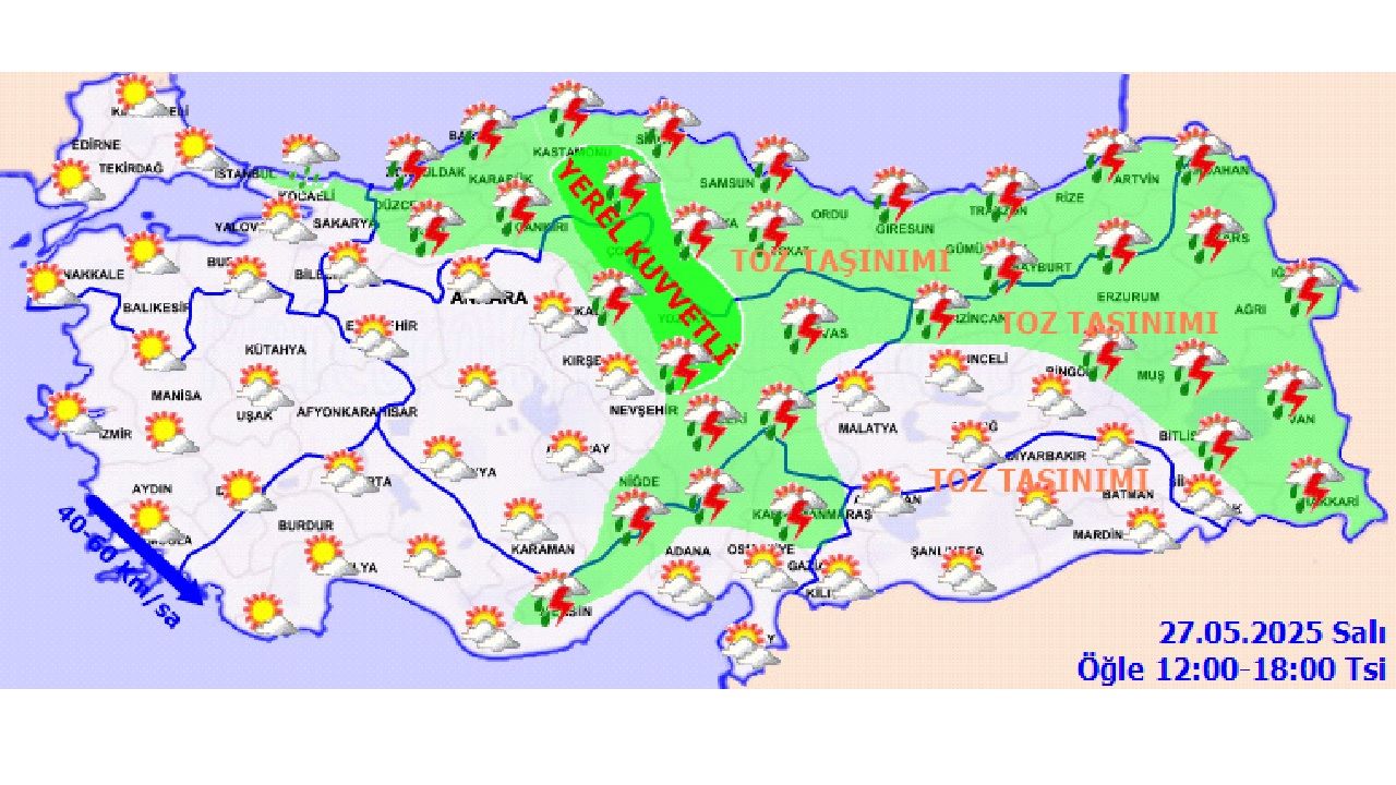 27 Mayıs 2025 Meteorolojiden uyarı geldi! Yurt genelinde sağanak, rüzgar ve toz taşınımı bekleniyor... 13