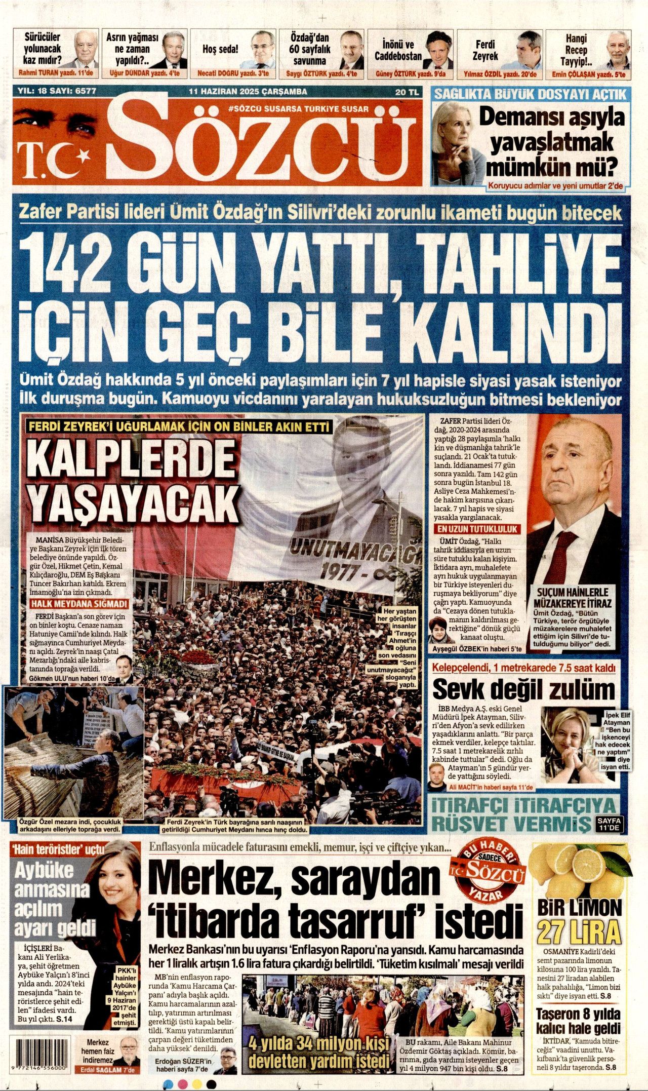 Siyaset üstü bir veda! Ferdi Zeyrek'in cenaze töreni manşetlerde... 11 Haziran Çarşamba gazete manşetleri 5