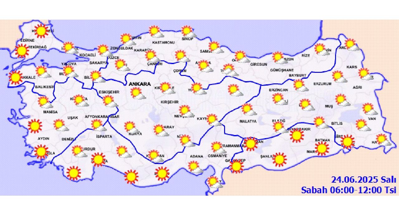24 Haziran 2025 Salı yurt geneli hava durumu! Az bulutlu ve açık hava etkili olacak... 12