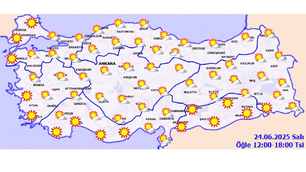 24 Haziran 2025 Salı yurt geneli hava durumu! Az bulutlu ve açık hava etkili olacak... 13