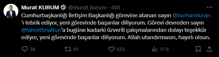 Siyasilerden peş peşe Fahrettin Altun'a veda Burhanettin Duran'a tebrik mesajı 7