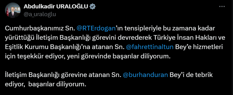 Siyasilerden peş peşe Fahrettin Altun'a veda Burhanettin Duran'a tebrik mesajı 6