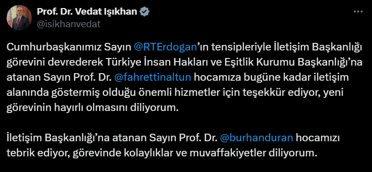 Siyasilerden peş peşe Fahrettin Altun'a veda Burhanettin Duran'a tebrik mesajı 2