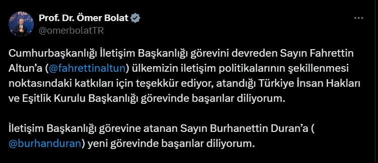 Siyasilerden peş peşe Fahrettin Altun'a veda Burhanettin Duran'a tebrik mesajı 1