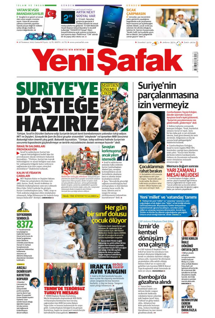 Suriye'ye desteğe hazırız! 18 Temmuz 2025 Gazete Manşetleri (1. Sayfalar) 1