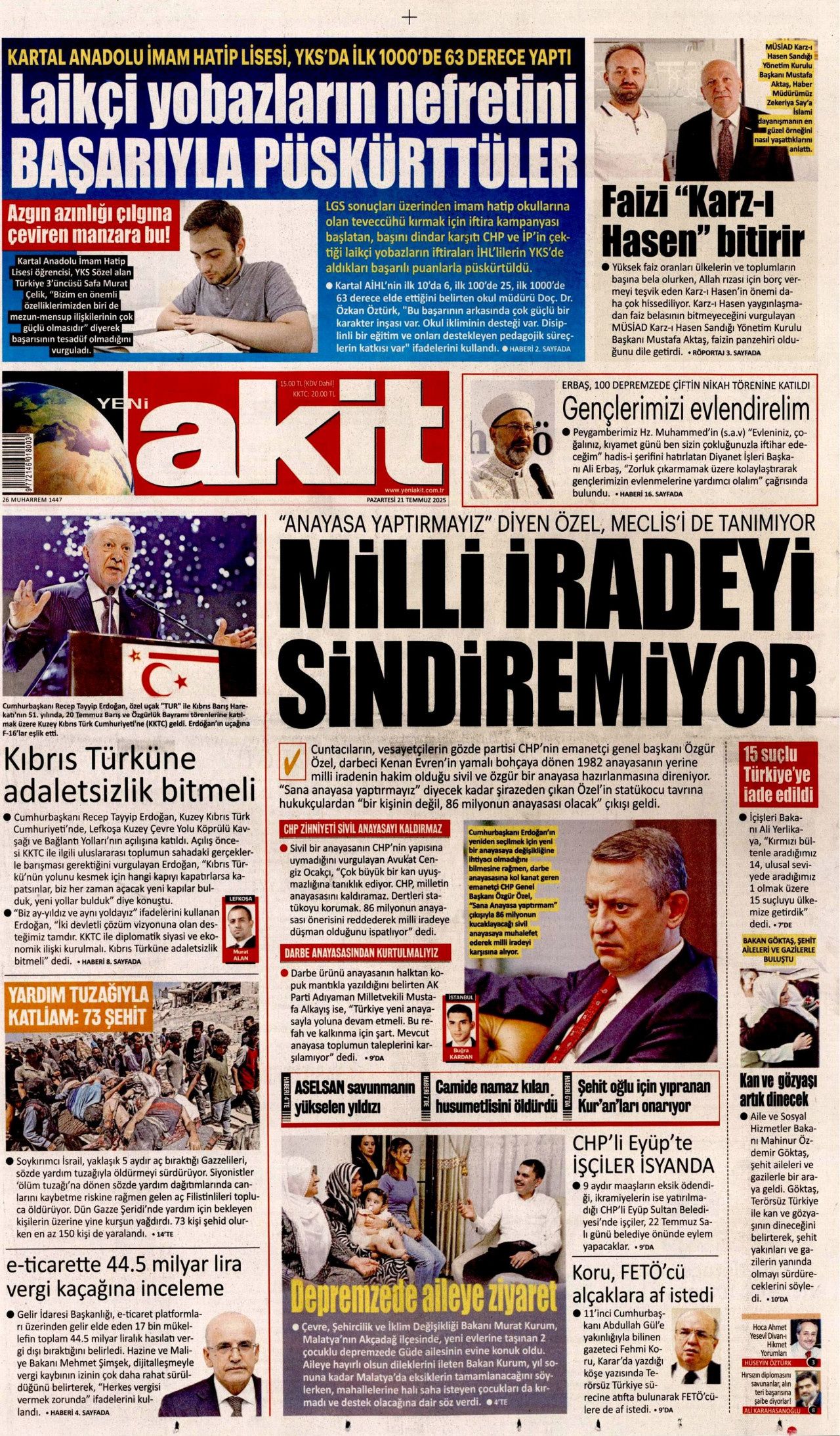 Cumhurbaşkanı Erdoğan, Lefkoşa'dan dünyaya seslendi: KKTC bir an önce tanınmalı! İşte 21 Temmuz gazete manşetleri 9