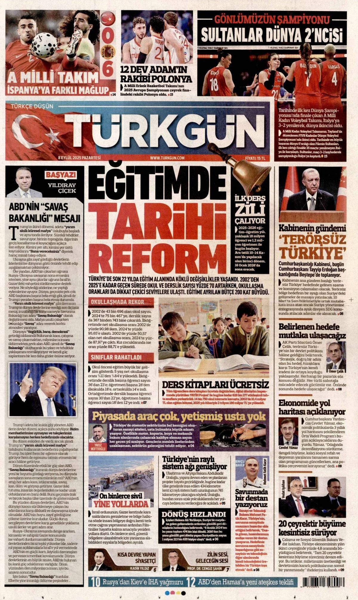 'Savunma'mız her ülkenin dilinde! Uçan karakol dünya starı ... 8 Eylül Pazartesi gazete manşetleri! 11