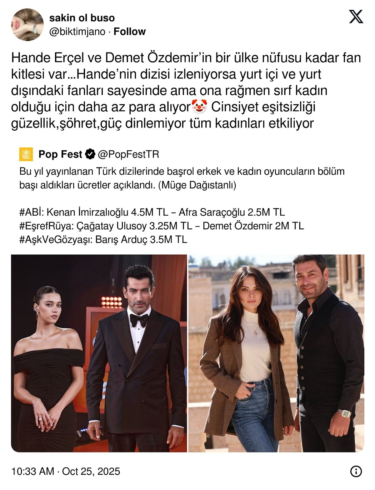 Türk dizilerinde cinsiyet eşitsizliği krizi: Kadın oyuncuların erkek oyunculardan daha az kazanmasına dikkat çeken kullanıcı X'i salladı 2