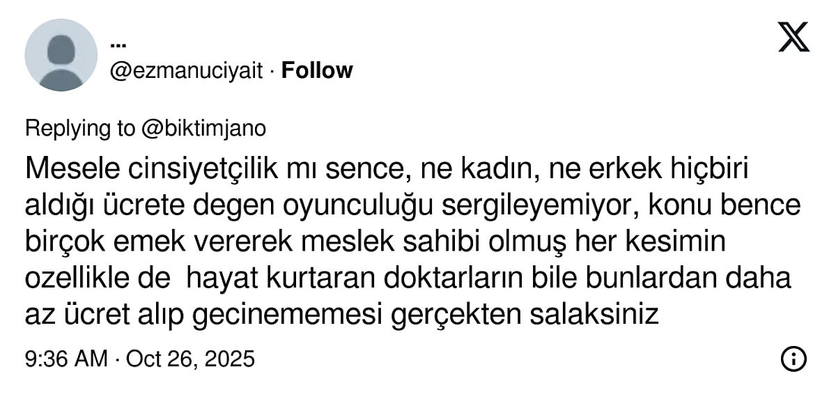 Türk dizilerinde cinsiyet eşitsizliği krizi: Kadın oyuncuların erkek oyunculardan daha az kazanmasına dikkat çeken kullanıcı X'i salladı 3