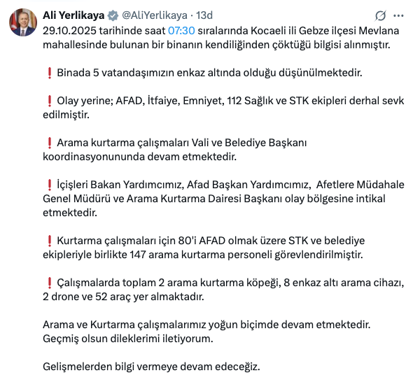 Çalışmalar yoğunlaştı... Gebze'de yıkılan binanın enkazındaki 5 kişilik aile aranıyor! İçişleri Bakanı Ali Yerlikaya son durumu açıkladı 6