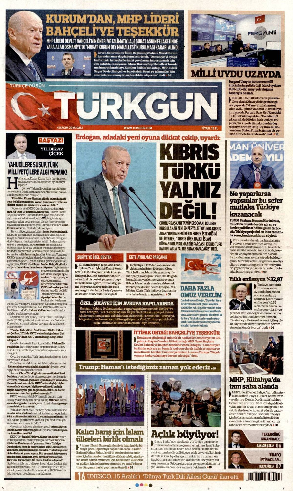Cumhurbaşkanı Erdoğan'ın "Emperyalistler Kıbrıs'ı menüye eklemek istiyor" sözleri manşetlerde! Hangi gazete nasıl gördü? 7
