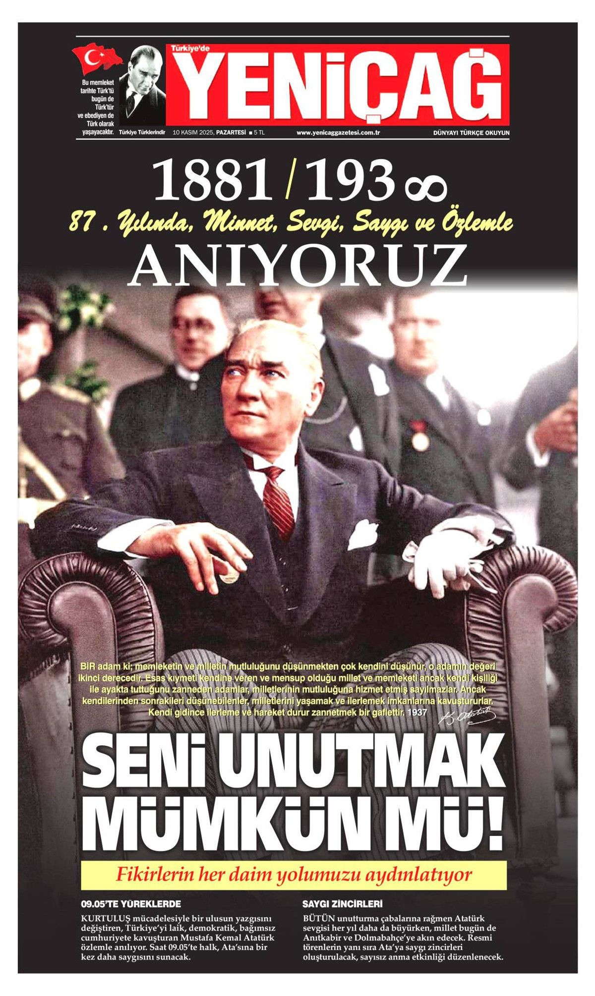 Gazi Mustafa Kemal Atatürk'ün vefatının 87. yılı... Manşetler siyah beyaza büründü! 10 Kasım gazete manşetleri! 13