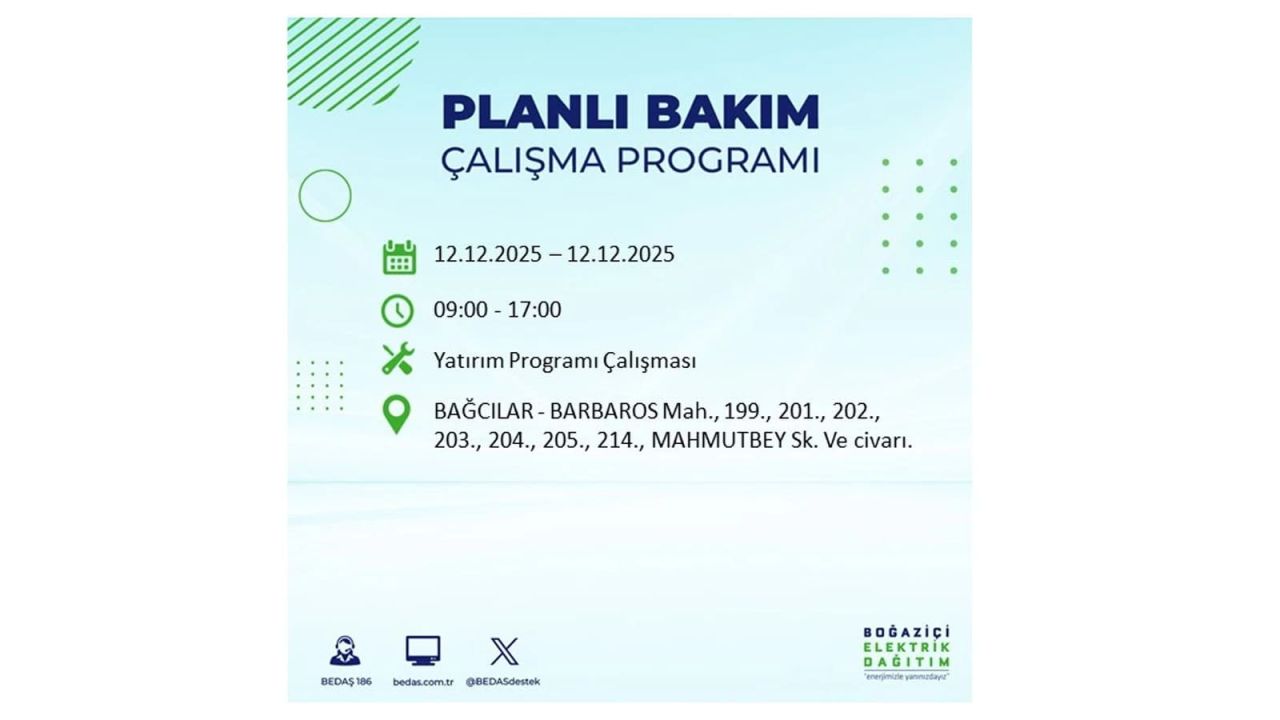 İstanbul'da büyük kesinti! İşte 12 Aralık Cuma günü İstanbul'da elektrik kesintisi yaşanacak ilçeler (İstanbul'da elektrikler ne zaman gelecek) 19