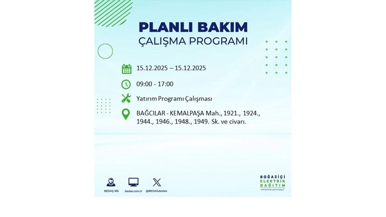 İstanbul'da 15 Aralık Pazartesi günü elektrik kesintileri olacak! İstanbul’da elektrikler ne zaman gelecek? BEDAŞ- AYEDAŞ 15 Aralık planlı elektrik kesintisi programı 10