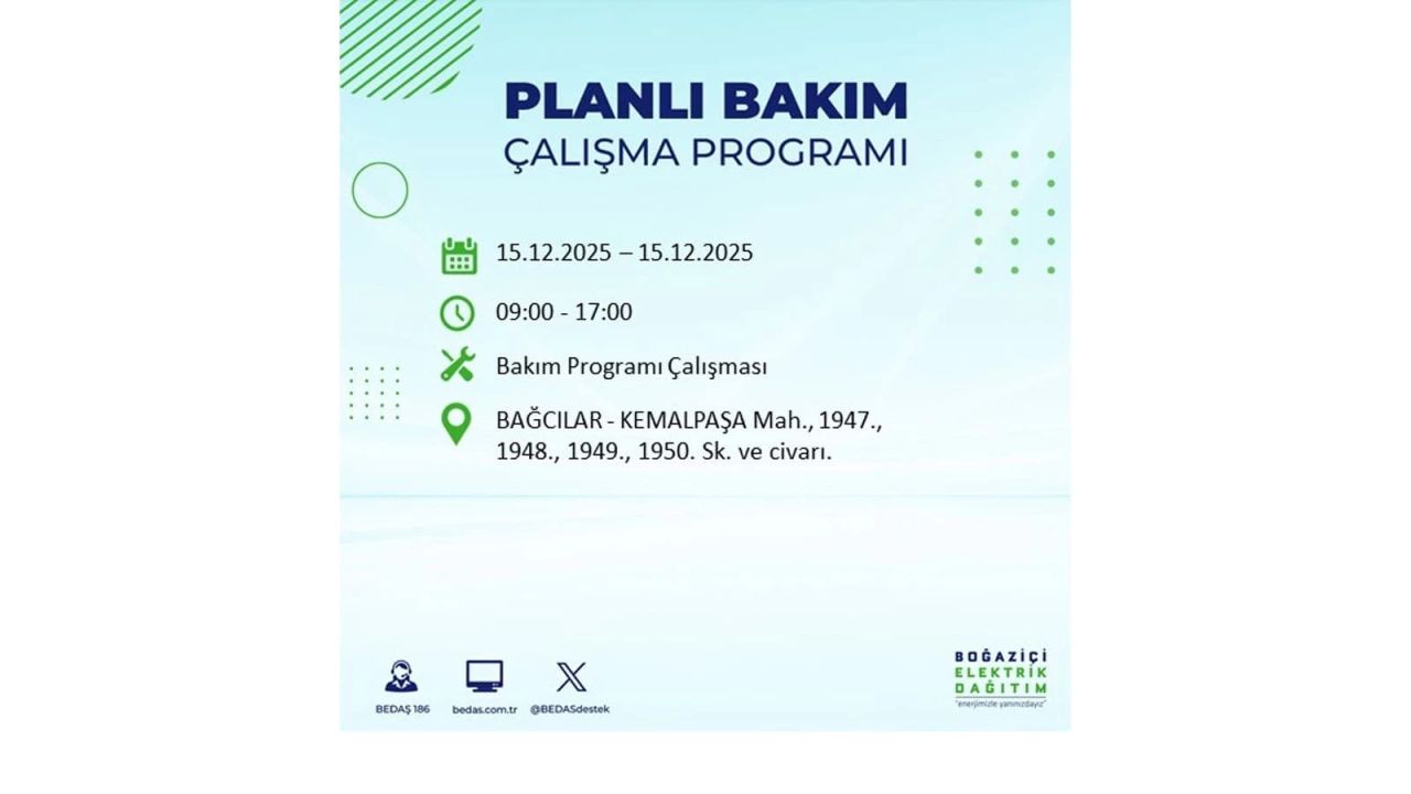 İstanbul'da 15 Aralık Pazartesi günü elektrik kesintileri olacak! İstanbul’da elektrikler ne zaman gelecek? BEDAŞ- AYEDAŞ 15 Aralık planlı elektrik kesintisi programı 12