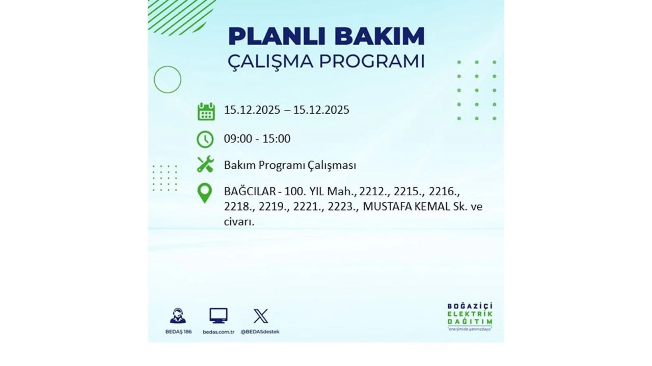 İstanbul'da 15 Aralık Pazartesi günü elektrik kesintileri olacak! İstanbul’da elektrikler ne zaman gelecek? BEDAŞ- AYEDAŞ 15 Aralık planlı elektrik kesintisi programı 13