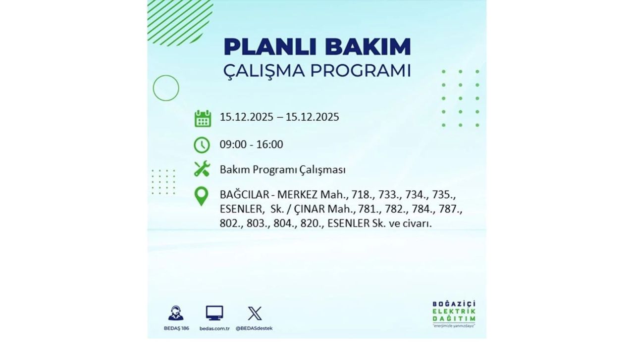 İstanbul'da 15 Aralık Pazartesi günü elektrik kesintileri olacak! İstanbul’da elektrikler ne zaman gelecek? BEDAŞ- AYEDAŞ 15 Aralık planlı elektrik kesintisi programı 14