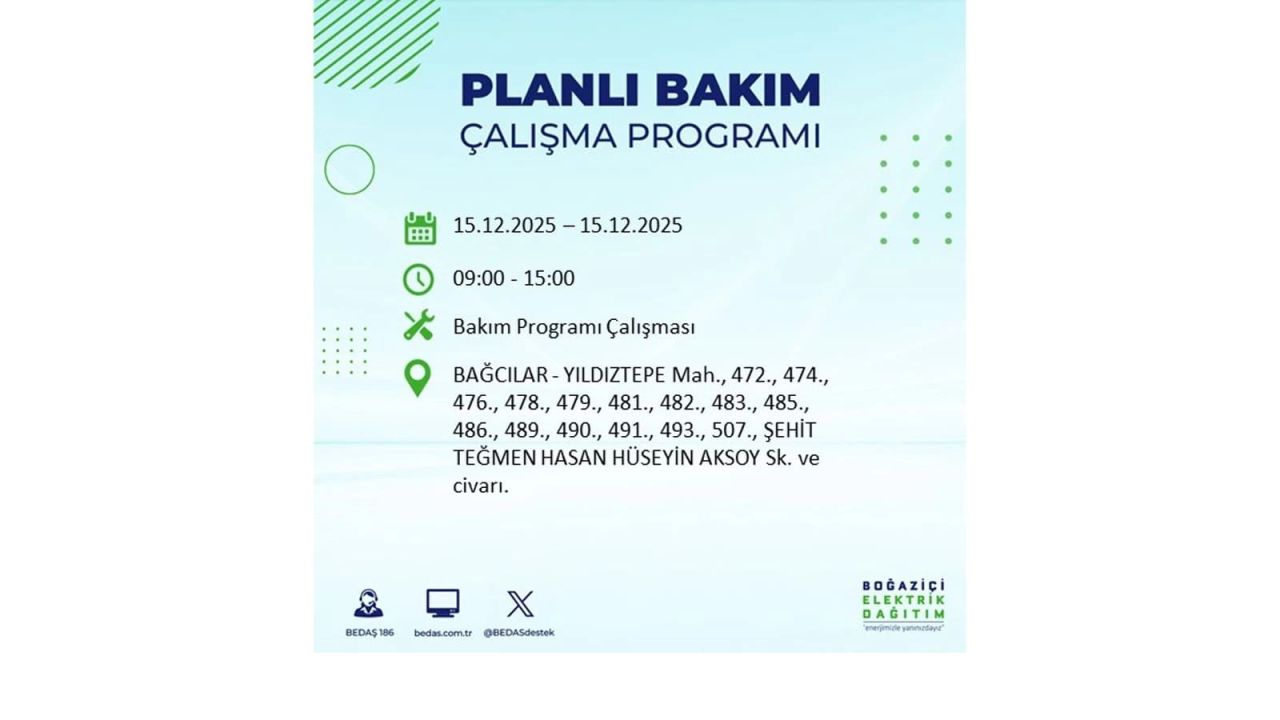 İstanbul'da 15 Aralık Pazartesi günü elektrik kesintileri olacak! İstanbul’da elektrikler ne zaman gelecek? BEDAŞ- AYEDAŞ 15 Aralık planlı elektrik kesintisi programı 16