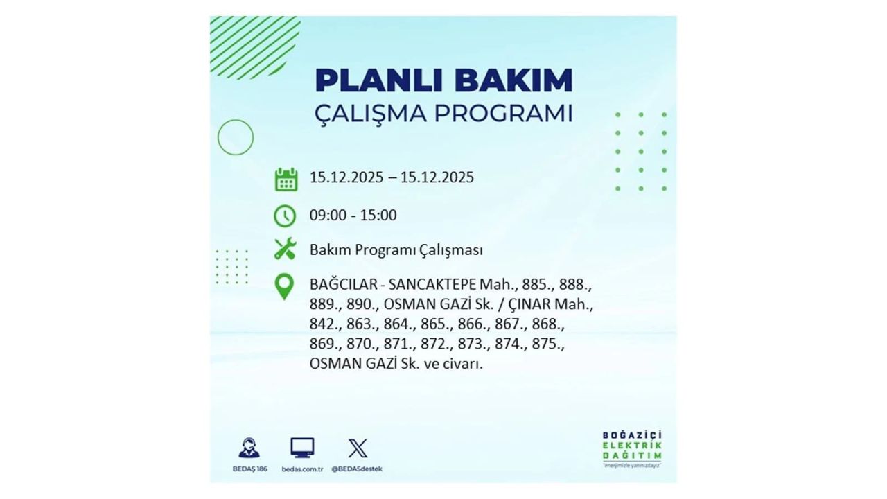 İstanbul'da 15 Aralık Pazartesi günü elektrik kesintileri olacak! İstanbul’da elektrikler ne zaman gelecek? BEDAŞ- AYEDAŞ 15 Aralık planlı elektrik kesintisi programı 17