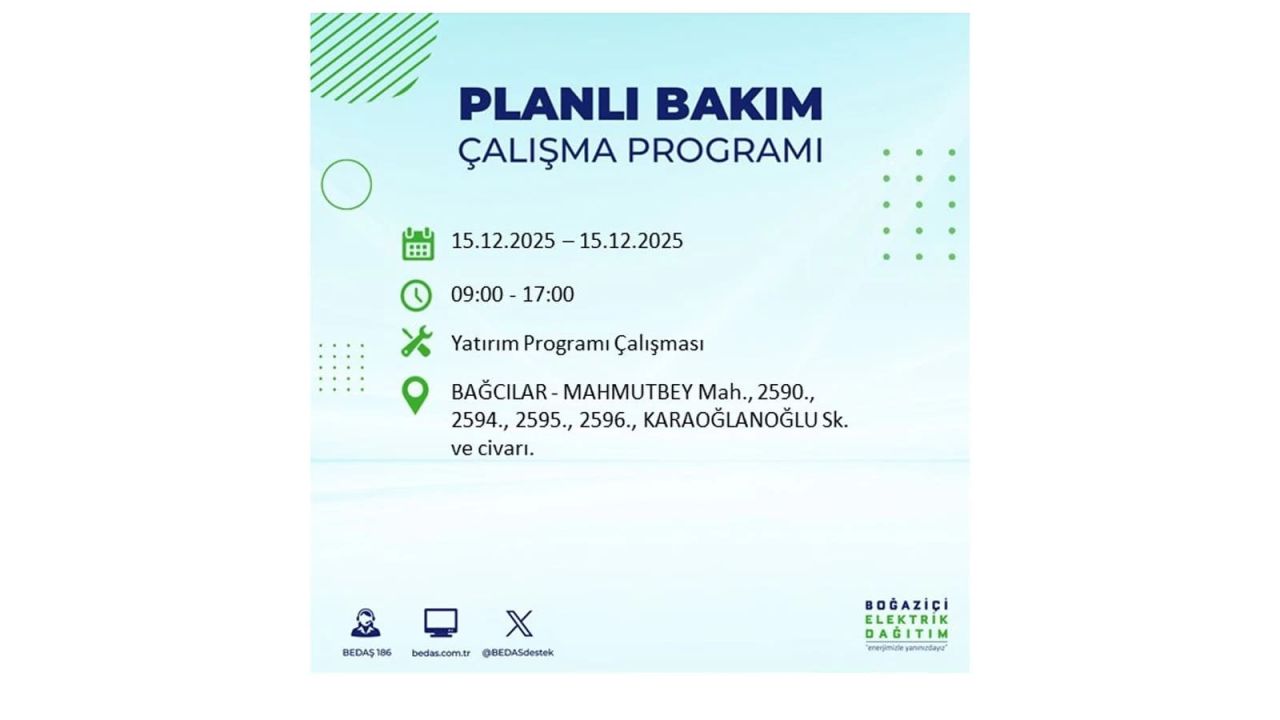 İstanbul'da 15 Aralık Pazartesi günü elektrik kesintileri olacak! İstanbul’da elektrikler ne zaman gelecek? BEDAŞ- AYEDAŞ 15 Aralık planlı elektrik kesintisi programı 19