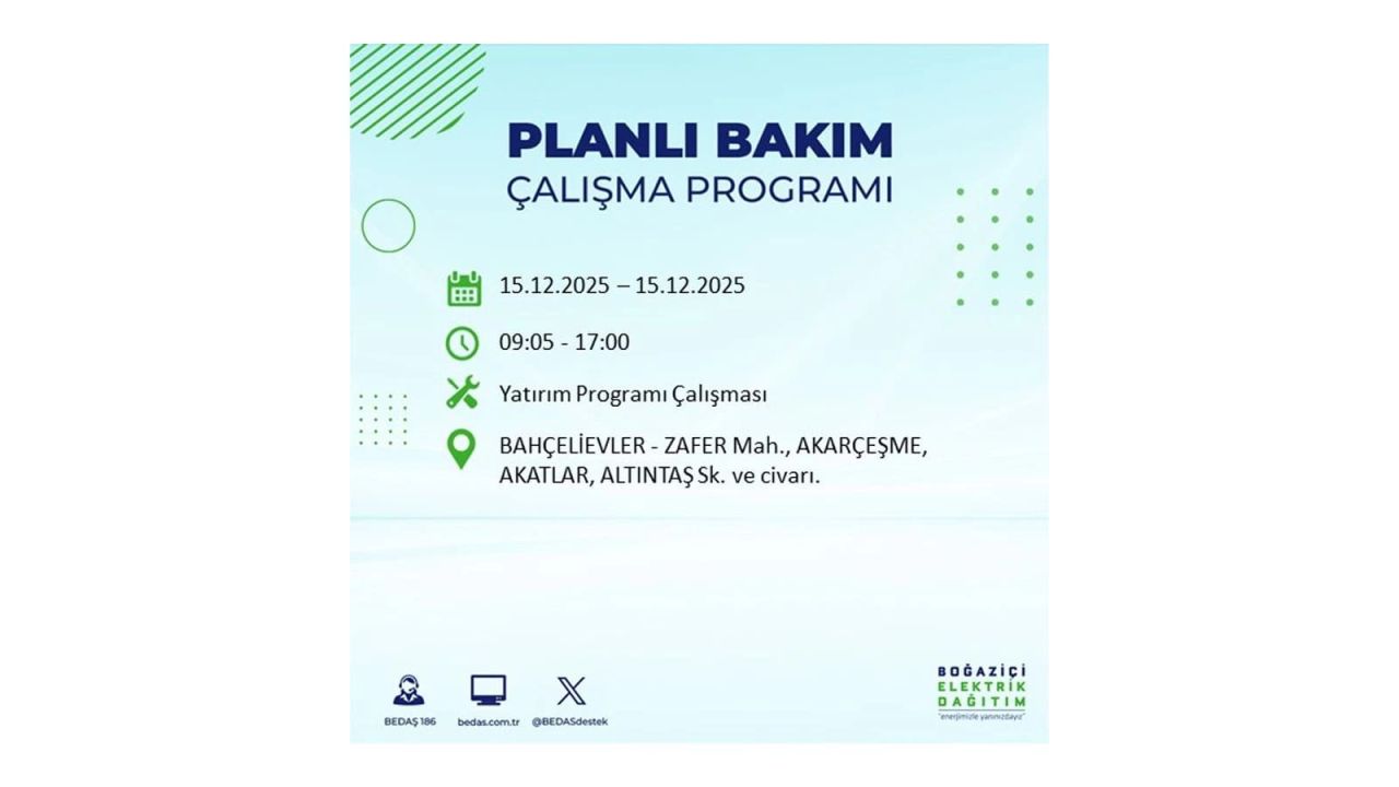 İstanbul'da 15 Aralık Pazartesi günü elektrik kesintileri olacak! İstanbul’da elektrikler ne zaman gelecek? BEDAŞ- AYEDAŞ 15 Aralık planlı elektrik kesintisi programı 22