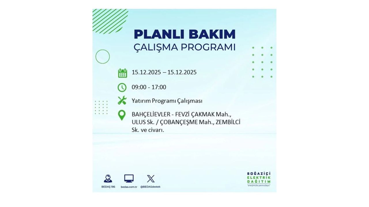 İstanbul'da 15 Aralık Pazartesi günü elektrik kesintileri olacak! İstanbul’da elektrikler ne zaman gelecek? BEDAŞ- AYEDAŞ 15 Aralık planlı elektrik kesintisi programı 27