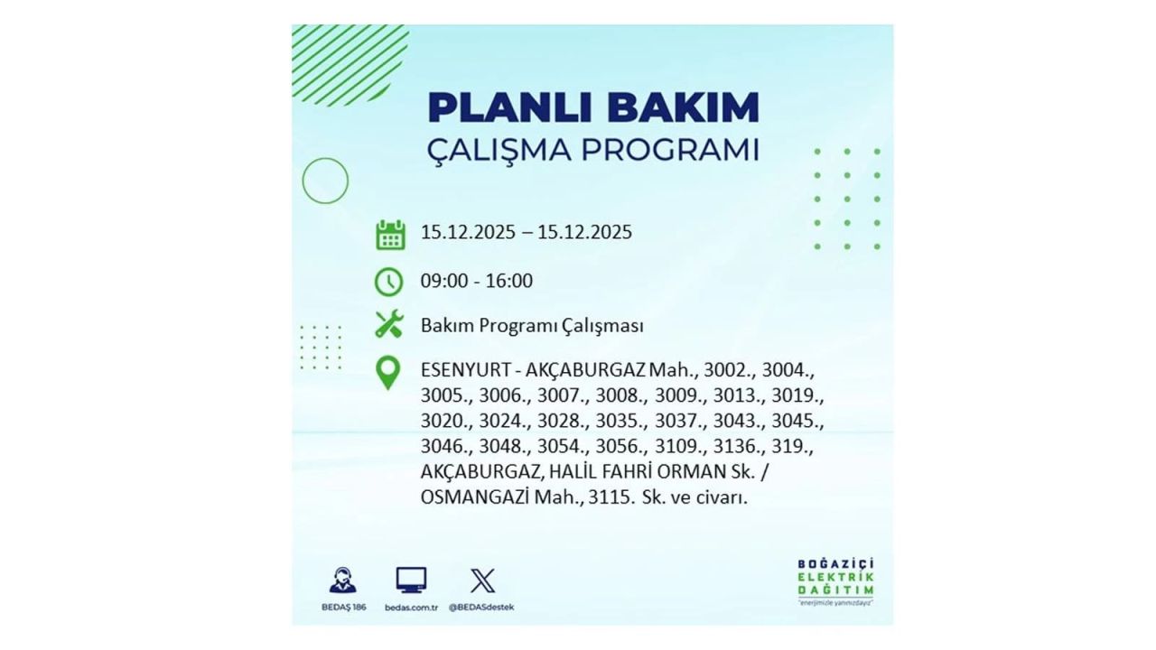 İstanbul'da 15 Aralık Pazartesi günü elektrik kesintileri olacak! İstanbul’da elektrikler ne zaman gelecek? BEDAŞ- AYEDAŞ 15 Aralık planlı elektrik kesintisi programı 45