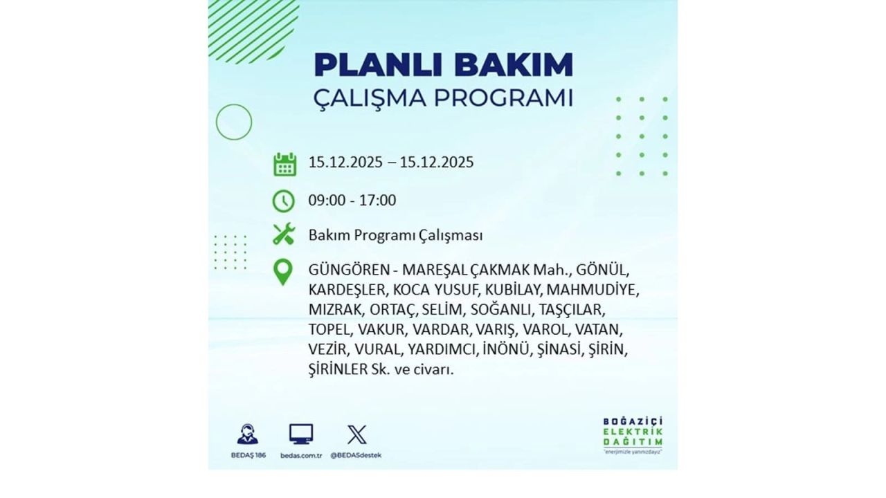 İstanbul'da 15 Aralık Pazartesi günü elektrik kesintileri olacak! İstanbul’da elektrikler ne zaman gelecek? BEDAŞ- AYEDAŞ 15 Aralık planlı elektrik kesintisi programı 52