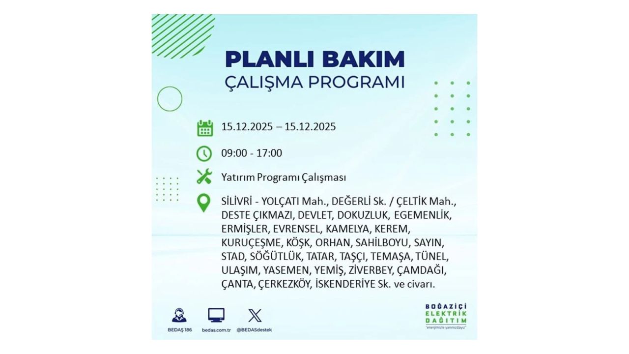 İstanbul'da 15 Aralık Pazartesi günü elektrik kesintileri olacak! İstanbul’da elektrikler ne zaman gelecek? BEDAŞ- AYEDAŞ 15 Aralık planlı elektrik kesintisi programı 67